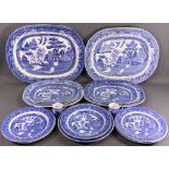 BLUE & WHITE WILLOW PATTERN DRESSER PLATTERS & PLATES, an assortment