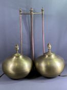 TABLE LAMPS - a pair of yellow metal bulbous lamps with shades, base diameter 28cms and a brass