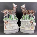 STAFFORDSHIRE FLATBACKS, a pair, standing goats with man and lady, 32cms H