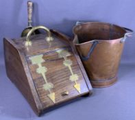 SLOPE FRONT WOODEN COAL BOX, brass banded and a copper swing handled coal scuttle