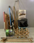 VINTAGE ASSORTMENT - to include old fishing rod, snooker cues, ski poles, camera tripods, artist's