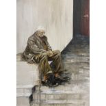 ANWEN ROBERTS oil on canvas - elderly man seated resting on steps by an open door, signed and