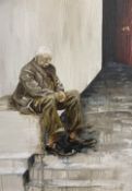 ANWEN ROBERTS oil on canvas - elderly man seated resting on steps by an open door, signed and