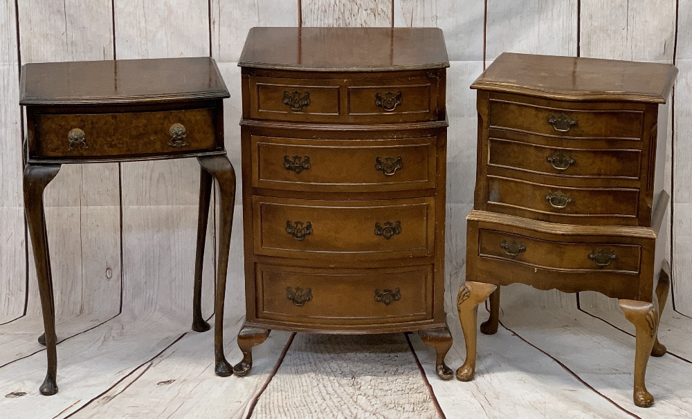 REPRODUCTION WALNUT OCCASIONAL FURNITURE, 3 ITEMS - a bow front chest of four drawers on Queen