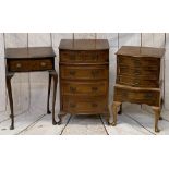 REPRODUCTION WALNUT OCCASIONAL FURNITURE, 3 ITEMS - a bow front chest of four drawers on Queen
