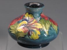 MOORCROFT HIBISCUS SQUAT VASE - 10.5cms H, full signature in blue with impressed factory marks to