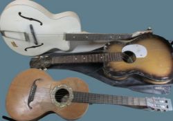 VINTAGE GUITARS (3) including one in white livery labelled 'Lucky 7' by Roberts, 100cms L, a