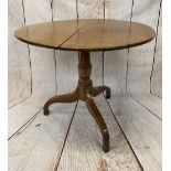 OAK TILT TOP TABLE - antique on tripod support, 72cms tall, 84cms diameter