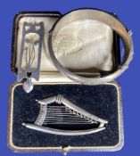 CASED FATTORINI & SONS EISTEDDFOD SILVER PRESENTATION HARP and two items of silver and white metal