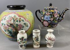 CHINESE PORCELAIN GROUP, 5 ITEMS to include a Famille Rose decorated jar on yellow ground, three