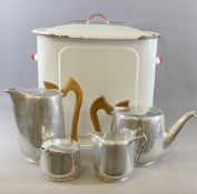 PIQUOT WARE 4 PIECE TEA SERVICE and an enamel lidded bread bin