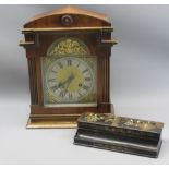 VINTAGE WOODEN CASED CHIMING MANTEL CLOCK, 33 x 26cms, and a chinoiserie decorated papier mache desk