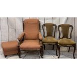 VICTORIAN GENTLEMAN'S SALON ARMCHAIR, matching upholstered foot stool and a pair of rosewood salon