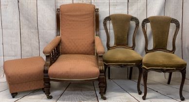 VICTORIAN GENTLEMAN'S SALON ARMCHAIR, matching upholstered foot stool and a pair of rosewood salon