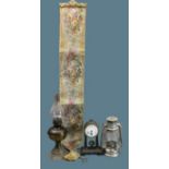 CAST METAL FRENCH MANTEL CLOCK, two vintage style lamps and a reproduction tapestry type small