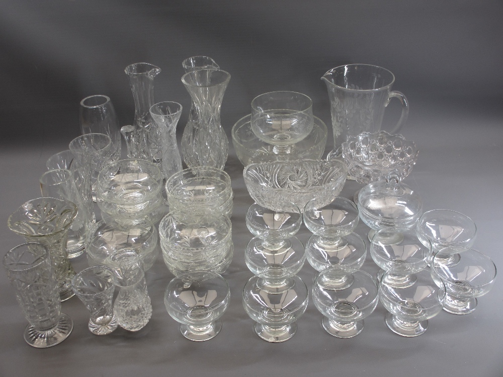 VINTAGE & LATER CUT & OTHER GLASSWARE to include jugs and vases, Sundae sets, decorative bells, ETC,