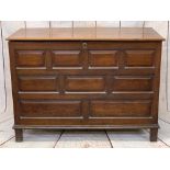 ANTIQUE OAK LIDDED COFFER - peg joined construction having a moulded edge top and multi-chamfered