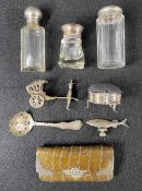 SMALL SILVER & WHITE METAL, 8 ITEMS to include a silver mounted crocodile skin purse, London 1901,