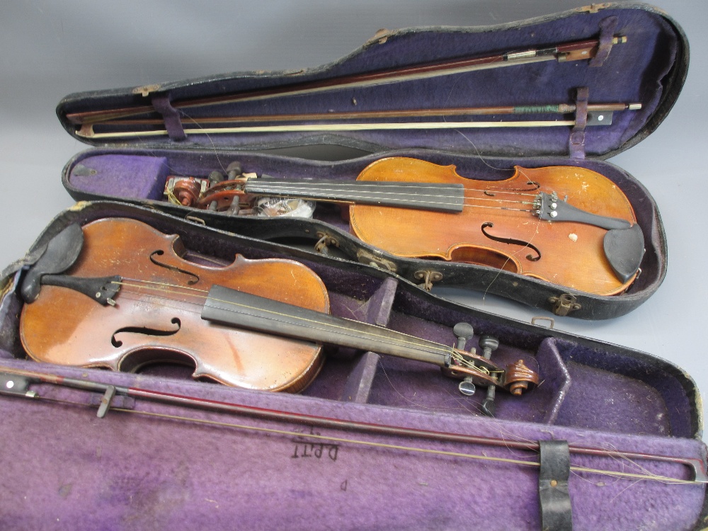 CASED VINTAGE VIOLINS (2) - both bearing 'Antonius Stradivarius' labels to the interiors, 60cm