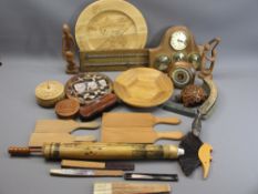 VINTAGE & LATER TREEN including two pairs of butter pats, score board, carved figurines, bowls, ETC