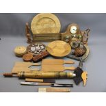 VINTAGE & LATER TREEN including two pairs of butter pats, score board, carved figurines, bowls, ETC