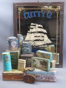 VINTAGE TINS, a collection and a reproduction pub mirror for Cutty Sark's Blended Scotch Whisky,