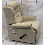 MODERN OATMEAL BUTTON UPHOLSTERED MANUAL RECLINING ARMCHAIR - 107cms overall H, 82cms W, 54cms