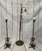 LIGHTING - wrought iron floor standing candleholders, a pair, 98cms tall and a floor standing modern