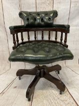 CAPTAIN'S CHAIR - antique style with swivel action, green button back LEATHER upholstery,
