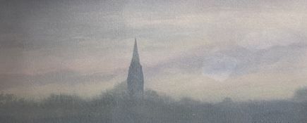 NIA LLOYD HUGHES watercolour - sunset with church spire in background, signed, 13 x 30cms