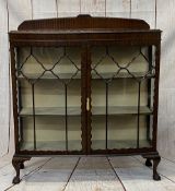 CIRCA 1900 MAHOGANY CHINA CABINET - on ball and claw feet with railback and twin glazed doors,