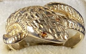 9CT GOLD SERPENT DRESS RING - the serpent's head with two tiny Ruby eyes, 4.5grms, size S
