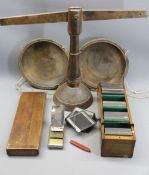 VINTAGE WOODEN BEAM SCALES, boxed quantity of glass photographic slides, tin cigarette case and a