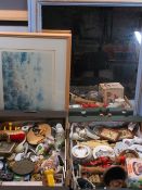 MIXED COLLECTABLES - two boxes, two framed prints and a painted frame wall mirror