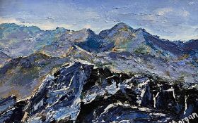 LOUISE MORGAN acrylic on board - Yr Wyddfa O Copa Moel Siabod, 22.5 x 34cms