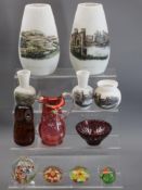 VICTORIAN & LATER GLASSWARE to include a group of five vases with images of Conwy Castle and Happy