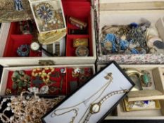 TWO JEWELLERY CASES & CONTENTS, Oriental needlework bag and other interesting items to include two