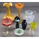 COLOURFUL GLASSWARE COLLECTION, 10 ITEMS to include an opalescent glass jug, 19.5cms H, three Jack