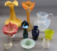 COLOURFUL GLASSWARE COLLECTION, 10 ITEMS to include an opalescent glass jug, 19.5cms H, three Jack