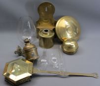 ANTIQUE & LATER BRASSWARE to include lamp fittings, glass funnels, chestnut roaster, ETC