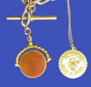 9CT GOLD SCORPIO CIRCULAR PENDANT on base metal chain and a Victorian rolled gold double Albert with