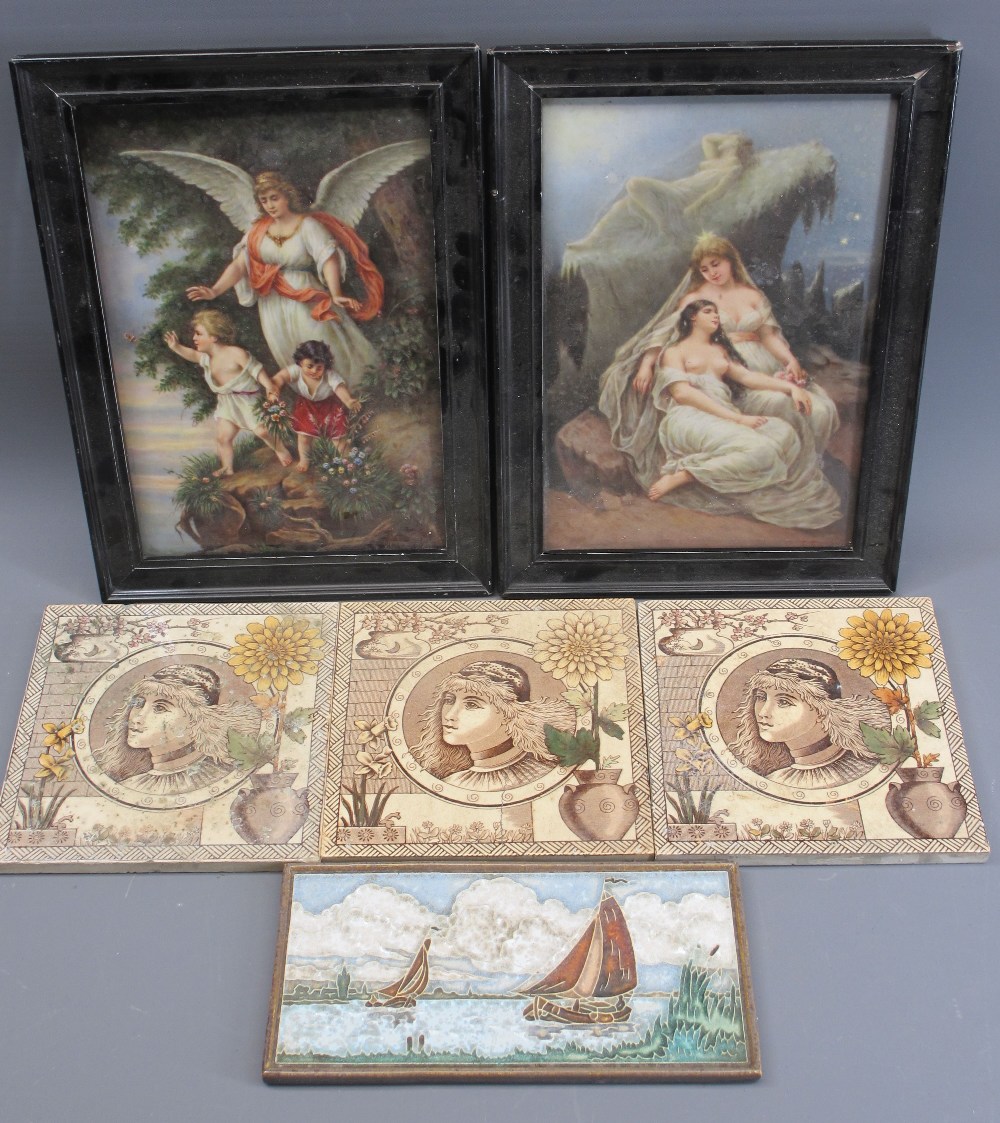 PORCELAIN & POTTERY TILES (6) including two painted porcelain examples depicting angelic scenes,