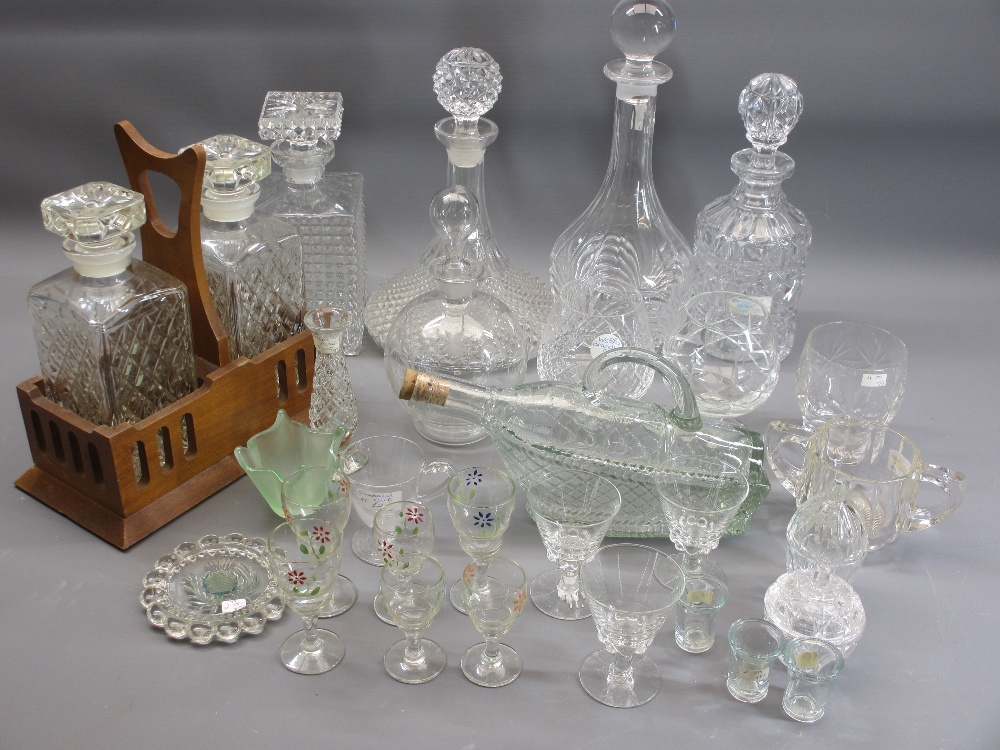 MOULDED GLASS & OTHER SPIRIT DECANTERS WITH STOPPERS along with drinks and other glassware to