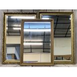 MODERN GILT FRAMED WALL MIRRORS (3) with bevelled edging to the glass, 94.5 x 64cms, 66 x 97cms