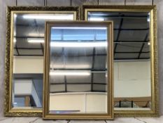 MODERN GILT FRAMED WALL MIRRORS (3) with bevelled edging to the glass, 94.5 x 64cms, 66 x 97cms