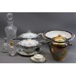 VICTORIAN & LATER POTTERY & GLASSWARE - covered sauce tureens on stand, cut glass decanter, two