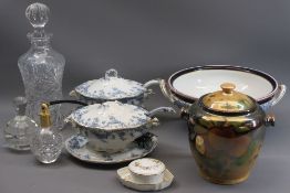 VICTORIAN & LATER POTTERY & GLASSWARE - covered sauce tureens on stand, cut glass decanter, two