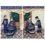 RICE PAPER PAINTINGS, A PAIR - each of two Chinese Nobles with attendants in an interior setting, 28