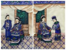 RICE PAPER PAINTINGS, A PAIR - each of two Chinese Nobles with attendants in an interior setting, 28