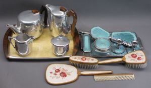 PIQUOT WARE 4 PIECE TEASET WITH ASSOCIATED TRAY, chrome Art Deco dressing table set and one other